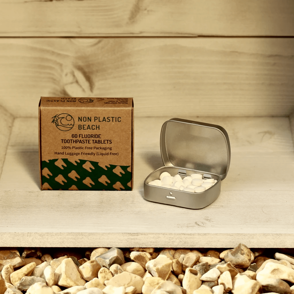 Non Plastic Beach toothpaste tablets with storage tin