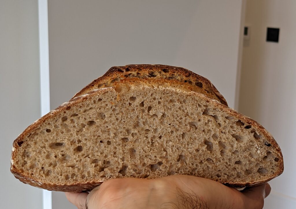 Inside of the baked wholemeal sourdough bread