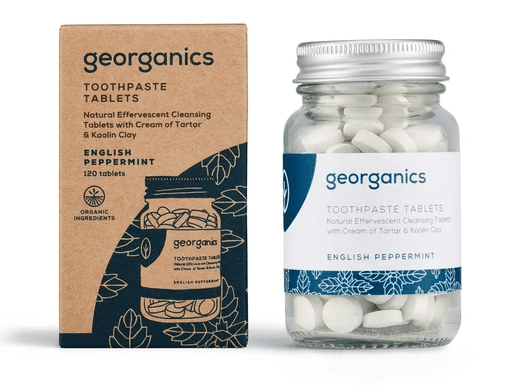 Georganics toothpaste tablets jar and 120-tablet refill box.