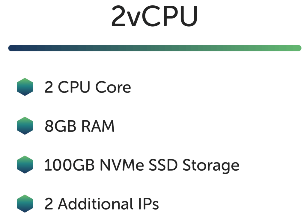 2vCPU has 2 CPU Cores, 8GB RAM, 100GB NVMe SSD storage and 2 Additional IPs